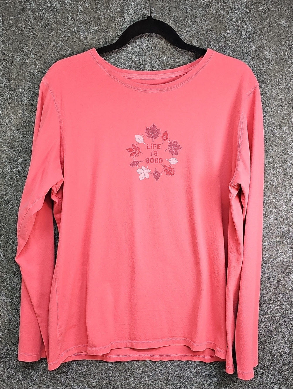 Life Is Good Classic Tee, Long Sleeve, Fall Leaves Graphic Print, Coral, Size XL